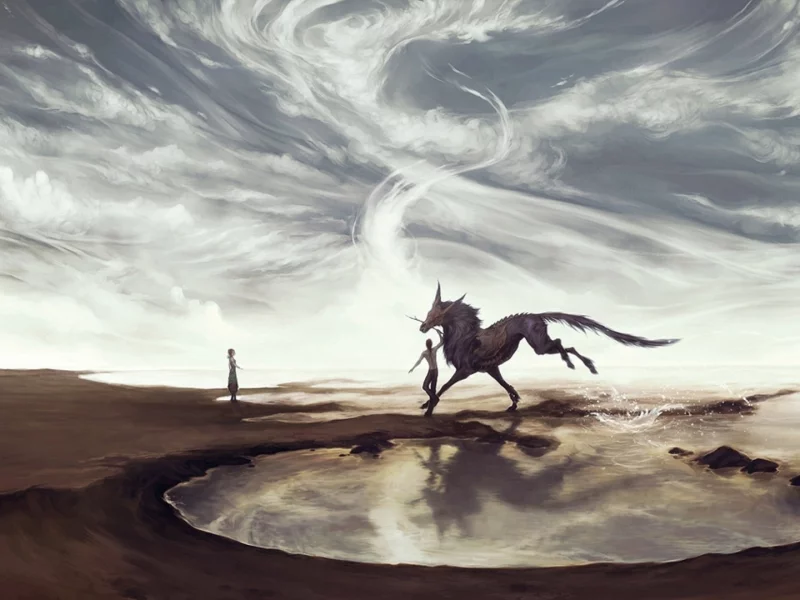 фантастика, небо, dream on distant shores, конь, вода, fantasy, арт, девушка, парень