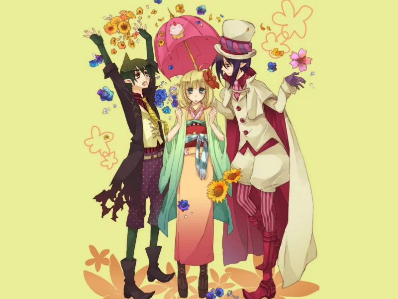 трое, зонтик, синий экзорцист, цветы, ao no exorcist, кимоно