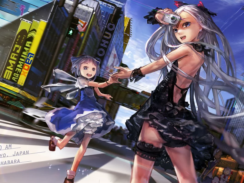 город, touhou, девушки, арт, фотоаппарат, эмоции, фотик
