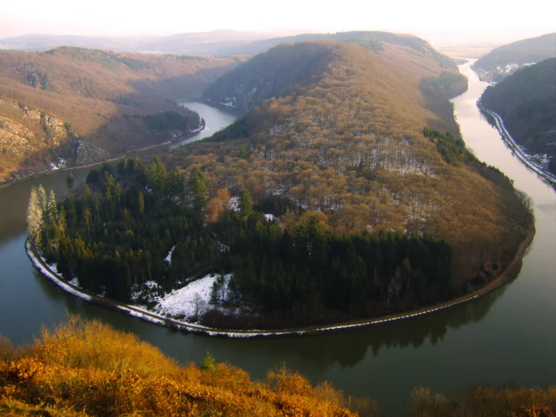 саар, снег, германия, река, изгиб, метлах, европа