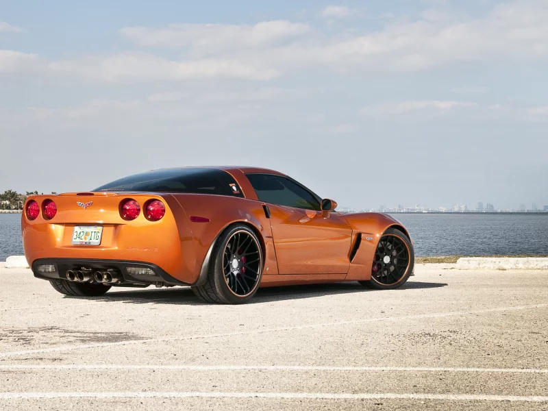 шевроле, небо, задняя часть, оранжевый, море, chevrolet, orange, corvette, z06, 360 three sixty forged, корвет