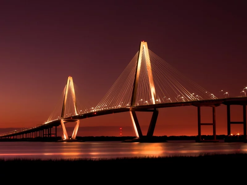 bridge, мост, река, огни