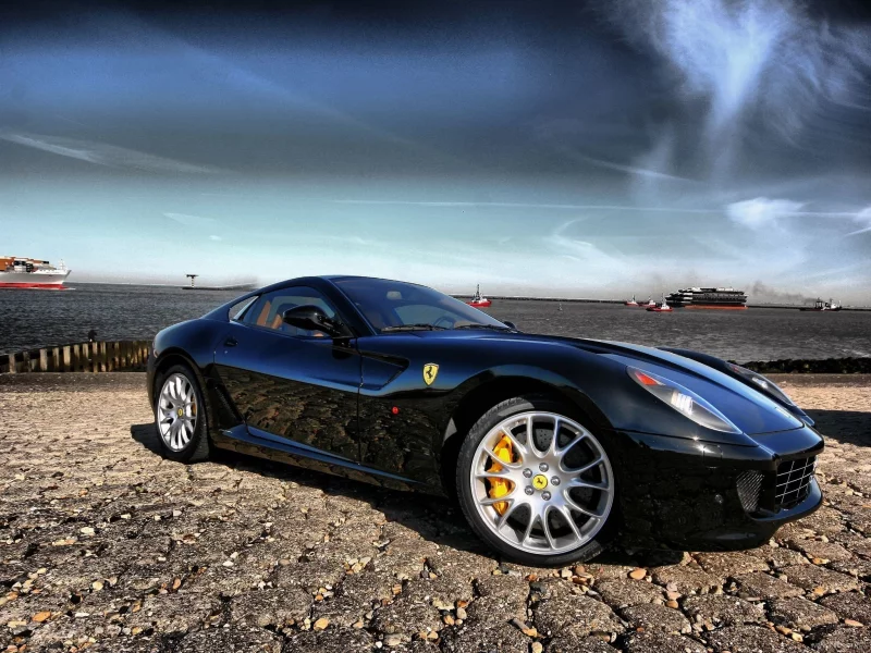 море, яхты, черная, ferrari 599 gtb fiorano, небо