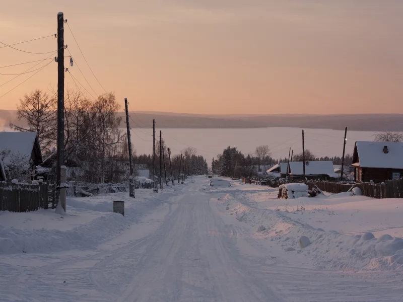 поселок, закат, зима, сибирь