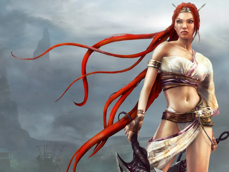 воин, рыжие волосы, нарико, девушка, heavenly sword, туман, горы, мечи