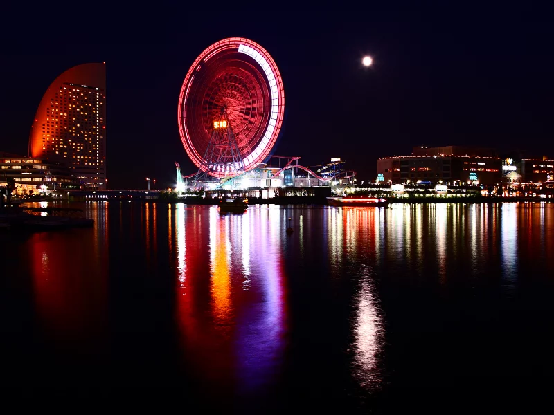 город, огни, луна, япония, yokohama, japan, йокогама, колесо обозрения
