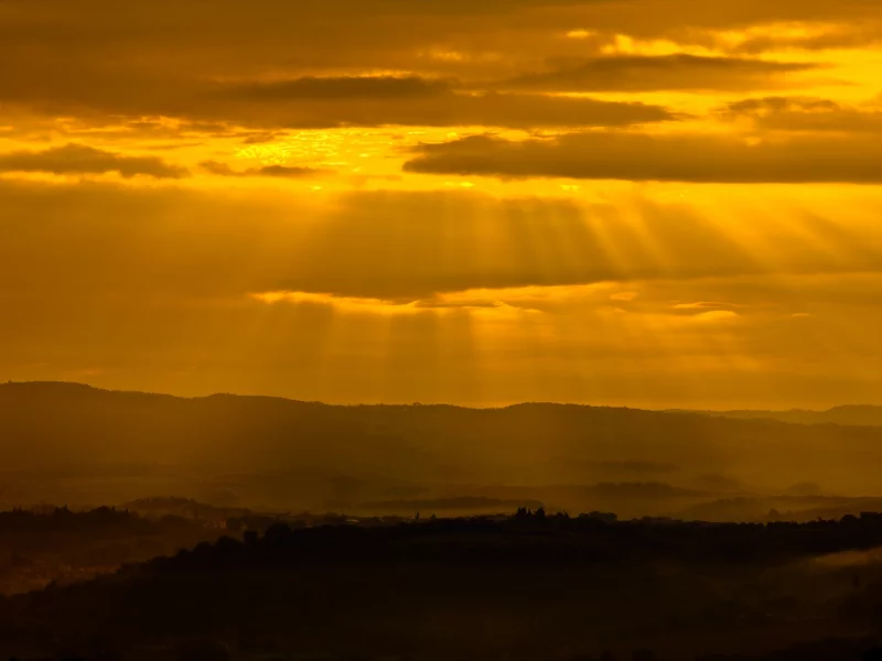 лучи, холмы, закат, свет, tuscan glow, солнце