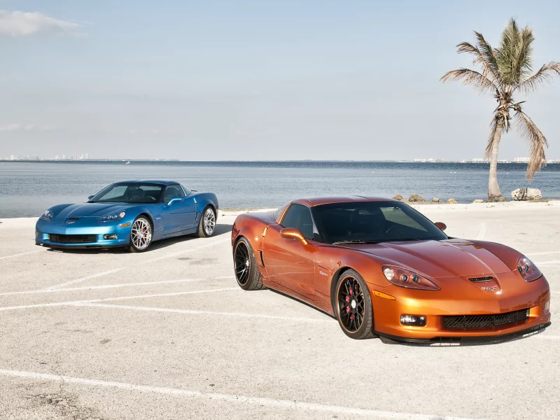 360 three sixty forged, голубой, берег, blue, orange, корвет, шевроле, chevrolet, небо, облака, z06, corvette, оранжевый, пальма