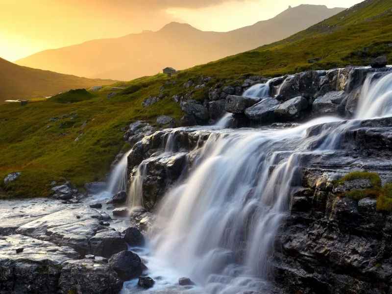 камни, горы, закат, домик, водопад