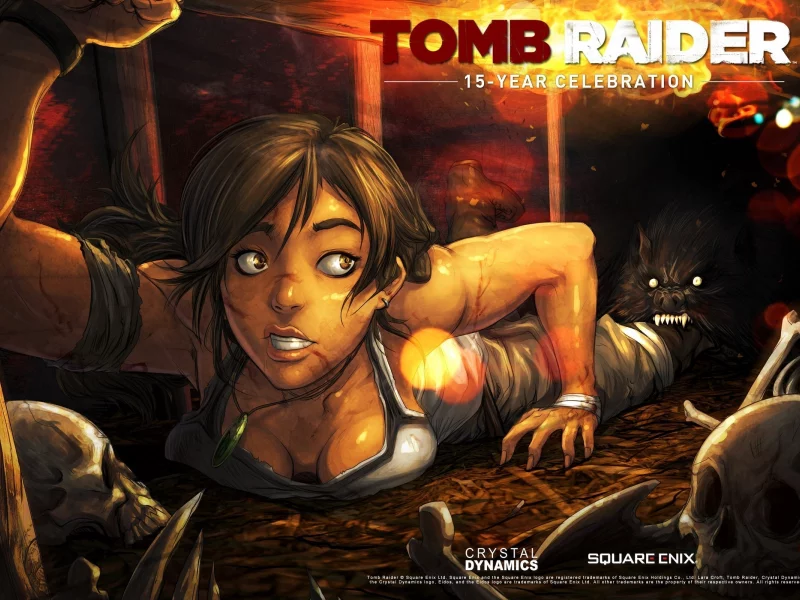 череп, зубы, зверь, lara croft, ползет, tomb raider, 15 year celebration