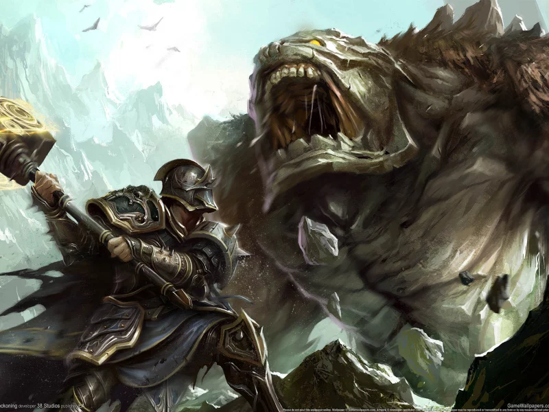 reckoning, монстр, молот, доспехи, камни, воин, горы, kingdoms of amalur, каменный, битва