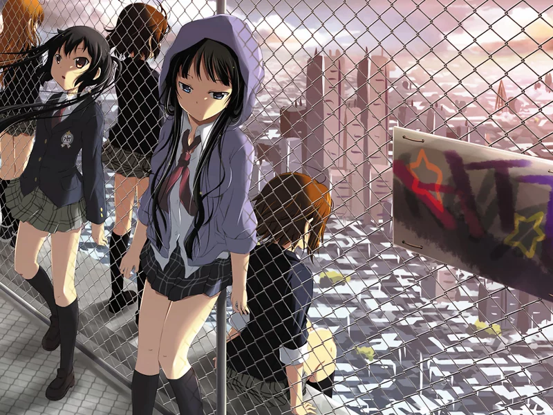 забор, крыша, группа, школьницы, k-on, небоскрёбы
