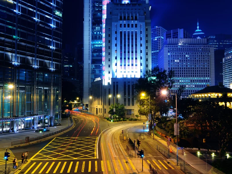 огни, гонконг, hong kong, ночь, здания, дорога
