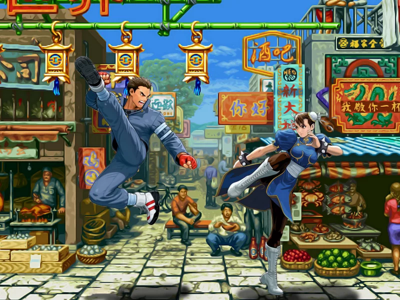street fighter, китай, рынок, chun li, драка, фонарики, зеваки, улица