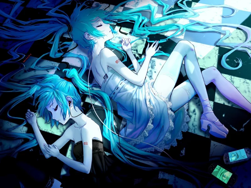 hatsune miku, наушники, вокалоид, волосы, чулки