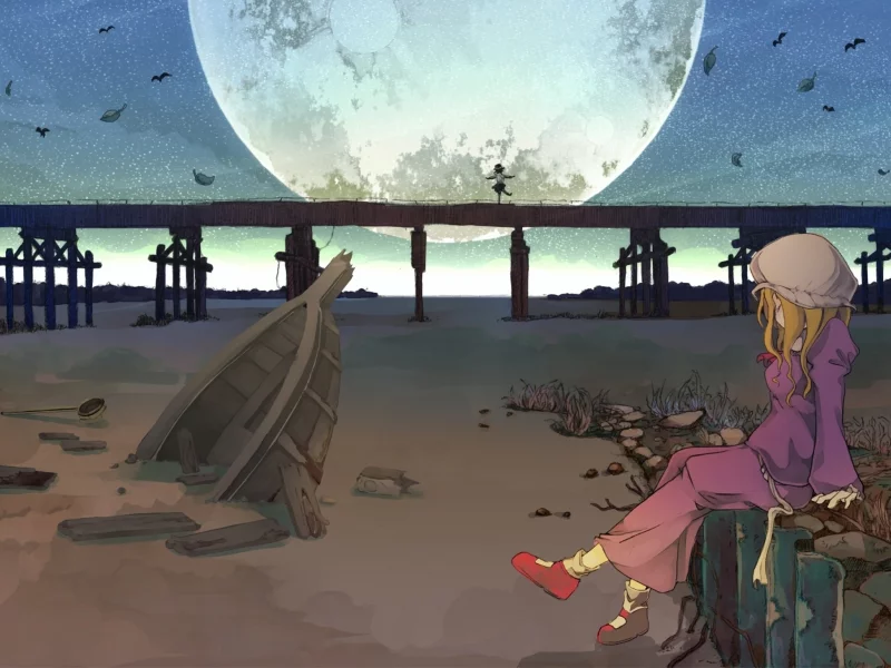 грязь, остов, лодка, листья, девочки, touhou, мост, ночь, луна