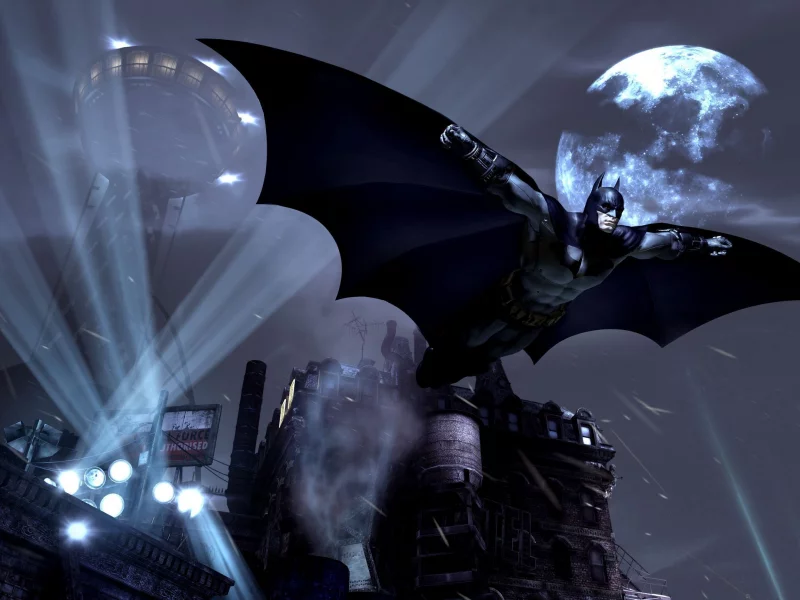 дым, batman, маска, arkham city, крылья, бэтмен, concept art, город, огни, ночь, костьюм