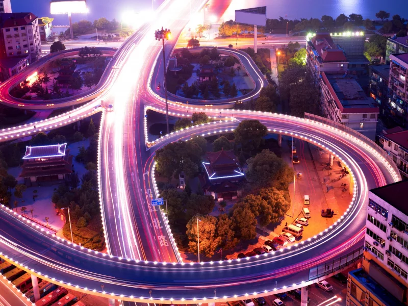здания, трафик, ночь, огни, город, night city, движение, транспорт, asia, восток, traffic, purple lights, эстакада