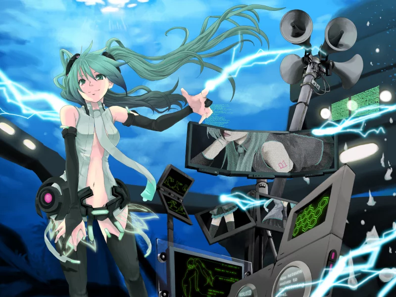 девушка, vocaloid, оборудование, мегафон, молния, hatsune miku, разряд