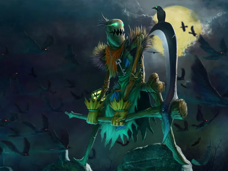 серп, птицы, ключ, коса, вороны, league of legends, руины, луна, ночь, магия, существо, пугало, fiddlesticks