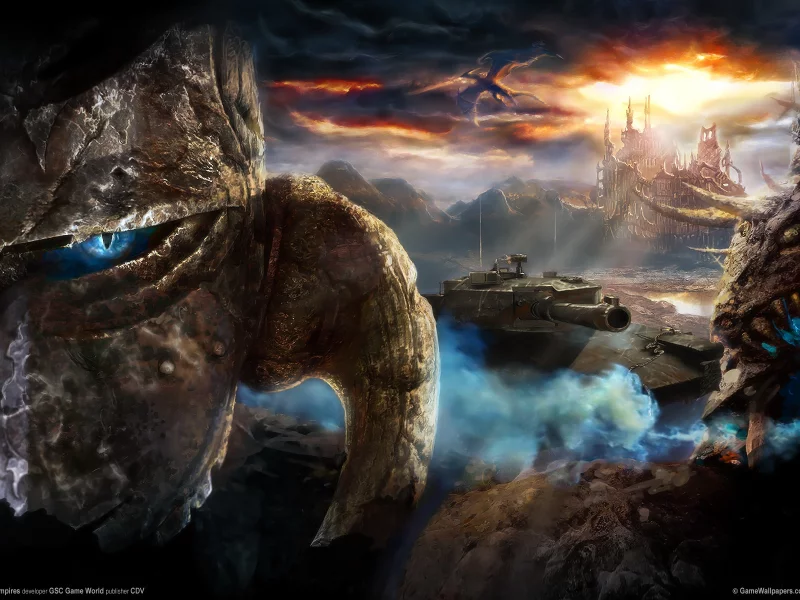 heroes of annihilated empires, камень, скульптуры, танк, статуи, тучи, солнце, дракон, город