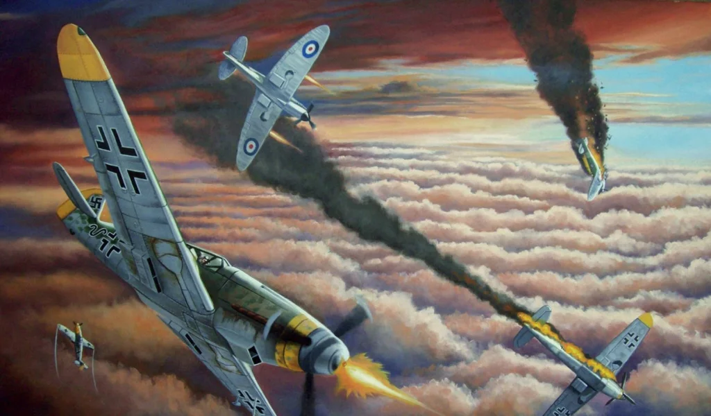 бой, мессер, арт, рисунок, подбит, spitfire, дым, supermarine, bf-109