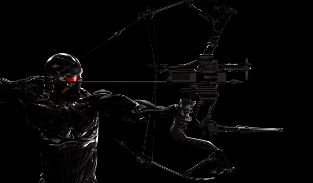 броня, crysis 3, темный фон, лук, мужчина