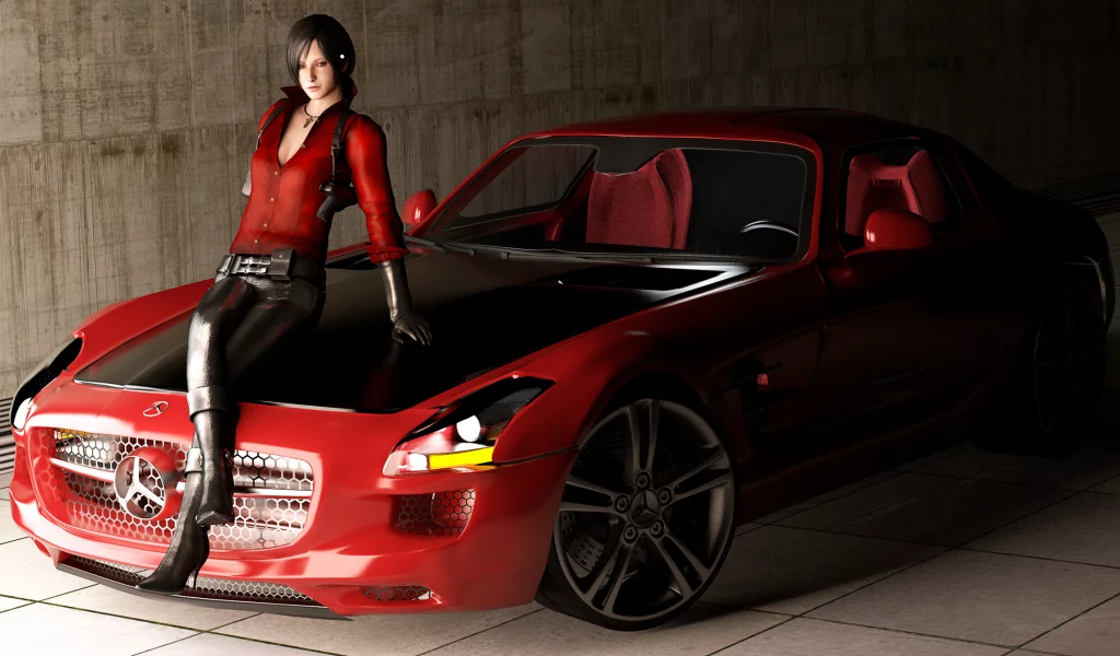 sls amg, девушка, roadster, mercedes benz, resident evil, ada, fan art, машина