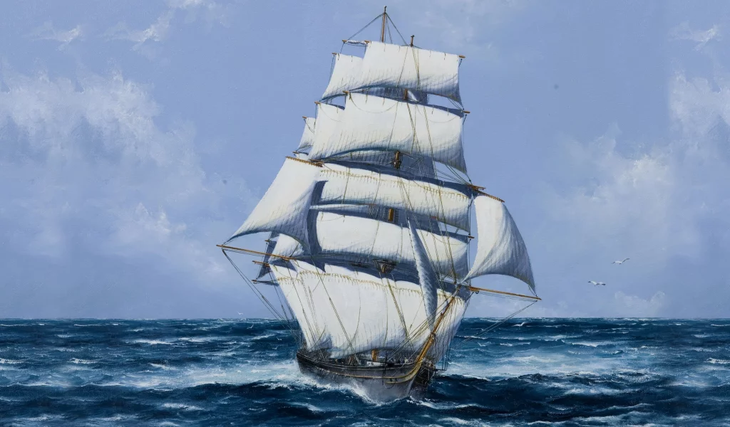 парусник, чайки, корабль, мачты, паруса, рисунок, море