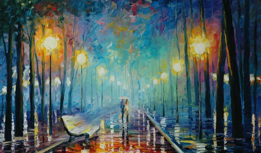 leonid afremov, осень, живопись, пара, лавочка, дождь, зонтик