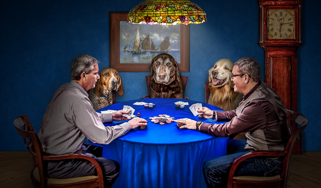 часы, карты, покер, собаки, фишки, игра, мужчины