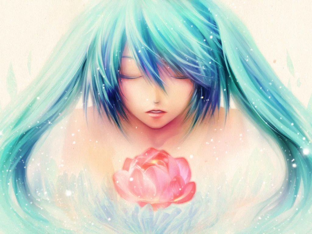 цветок, рисунок, vocaloid, hatsune miku, волосы