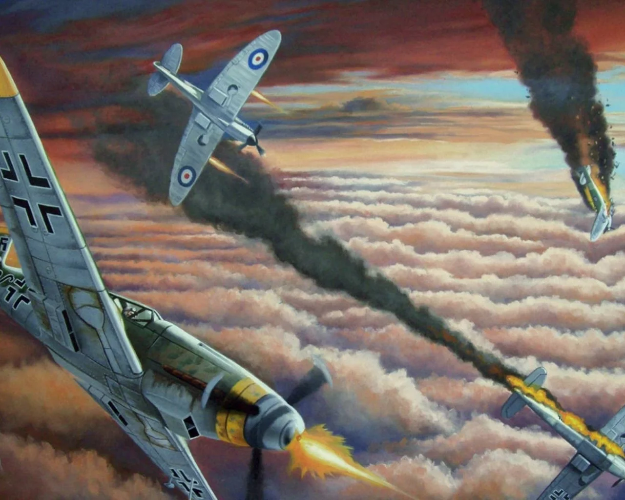 бой, мессер, арт, рисунок, подбит, spitfire, дым, supermarine, bf-109