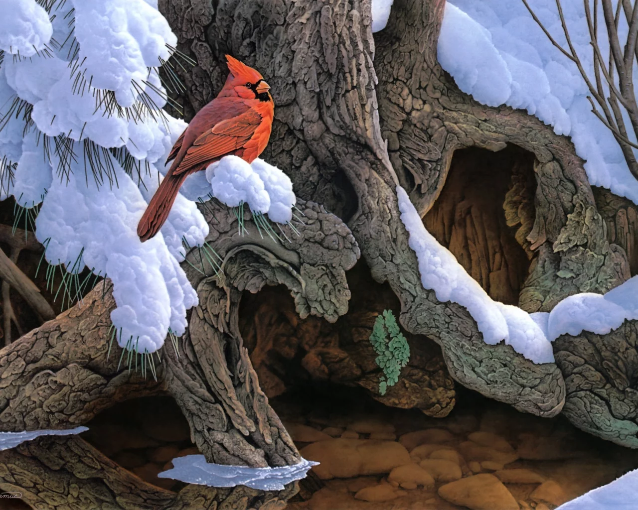 дерево, зима, the witness tree, снег, jerry gadamus, птица, живопись