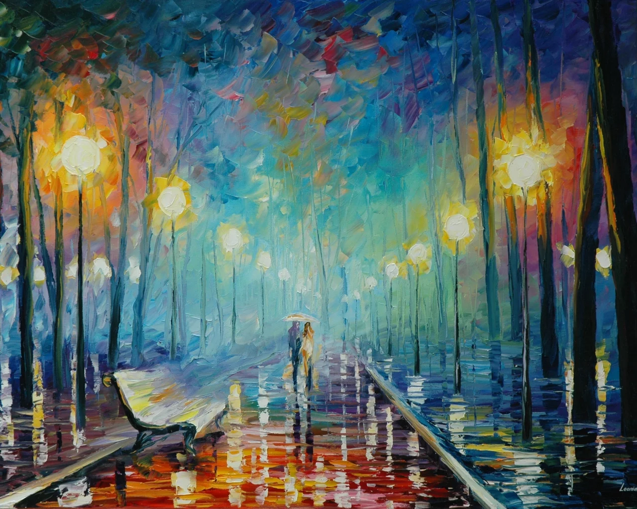 leonid afremov, осень, живопись, пара, лавочка, дождь, зонтик