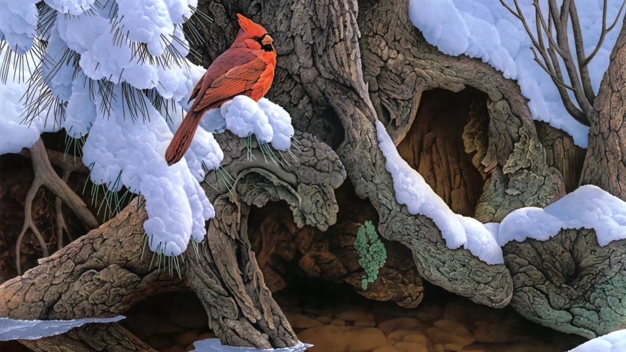 дерево, зима, the witness tree, снег, jerry gadamus, птица, живопись