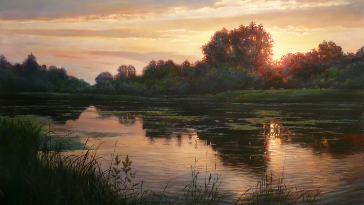 озеро, отражение, zbigniew kopania, закат, картина, пейзаж