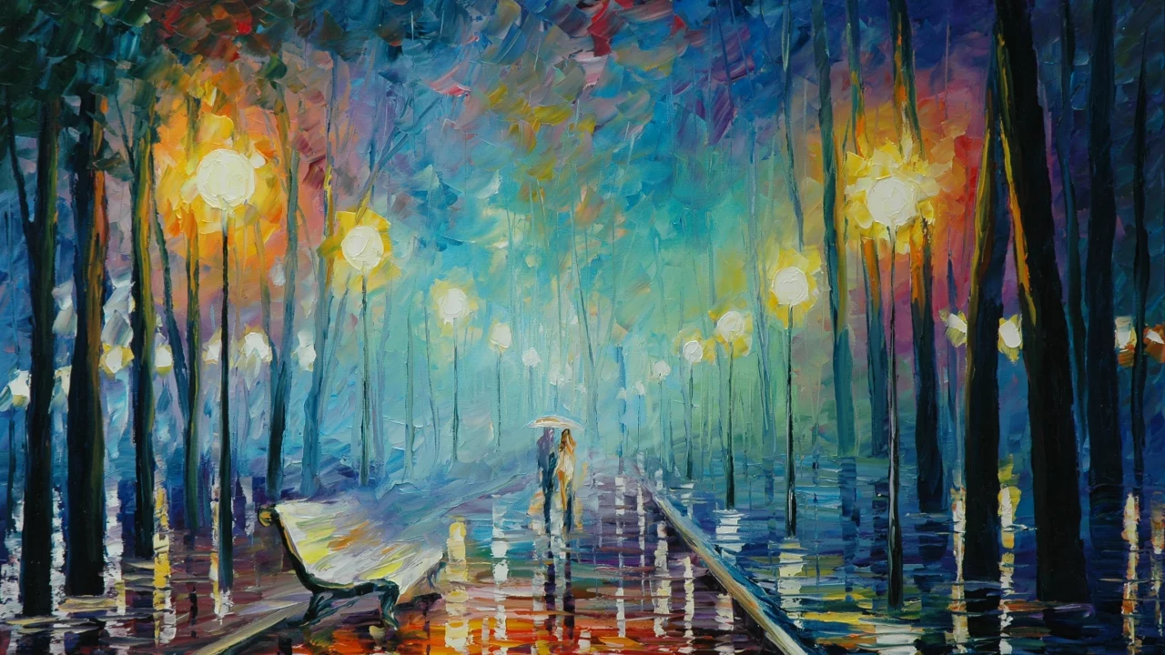 leonid afremov, осень, живопись, пара, лавочка, дождь, зонтик