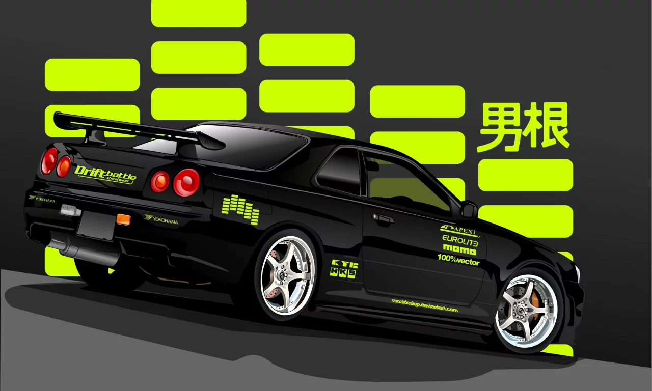 чёрный, скайлайн, black, skyline, rear, вектор, r34, ниссан, nissan