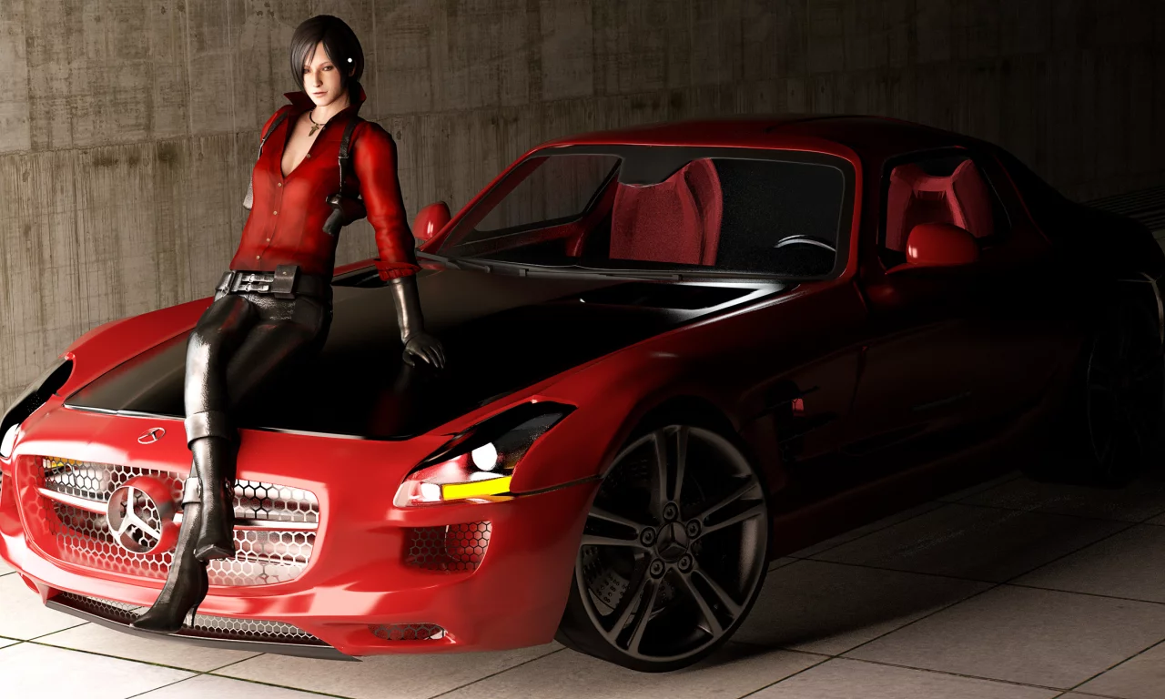 sls amg, девушка, roadster, mercedes benz, resident evil, ada, fan art, машина
