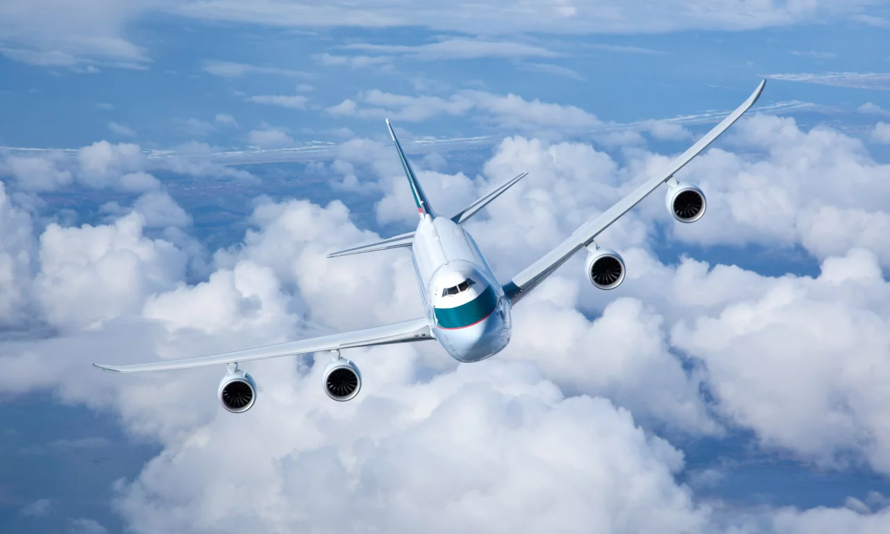 грузовой, boeing 747, летит, небо, в воздухе, полет, cathay pacific