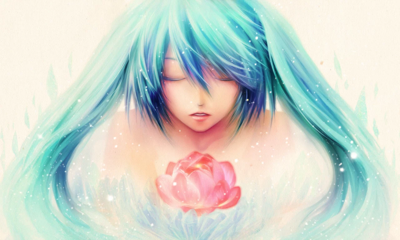 цветок, рисунок, vocaloid, hatsune miku, волосы