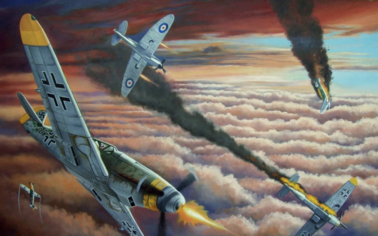 бой, мессер, арт, рисунок, подбит, spitfire, дым, supermarine, bf-109