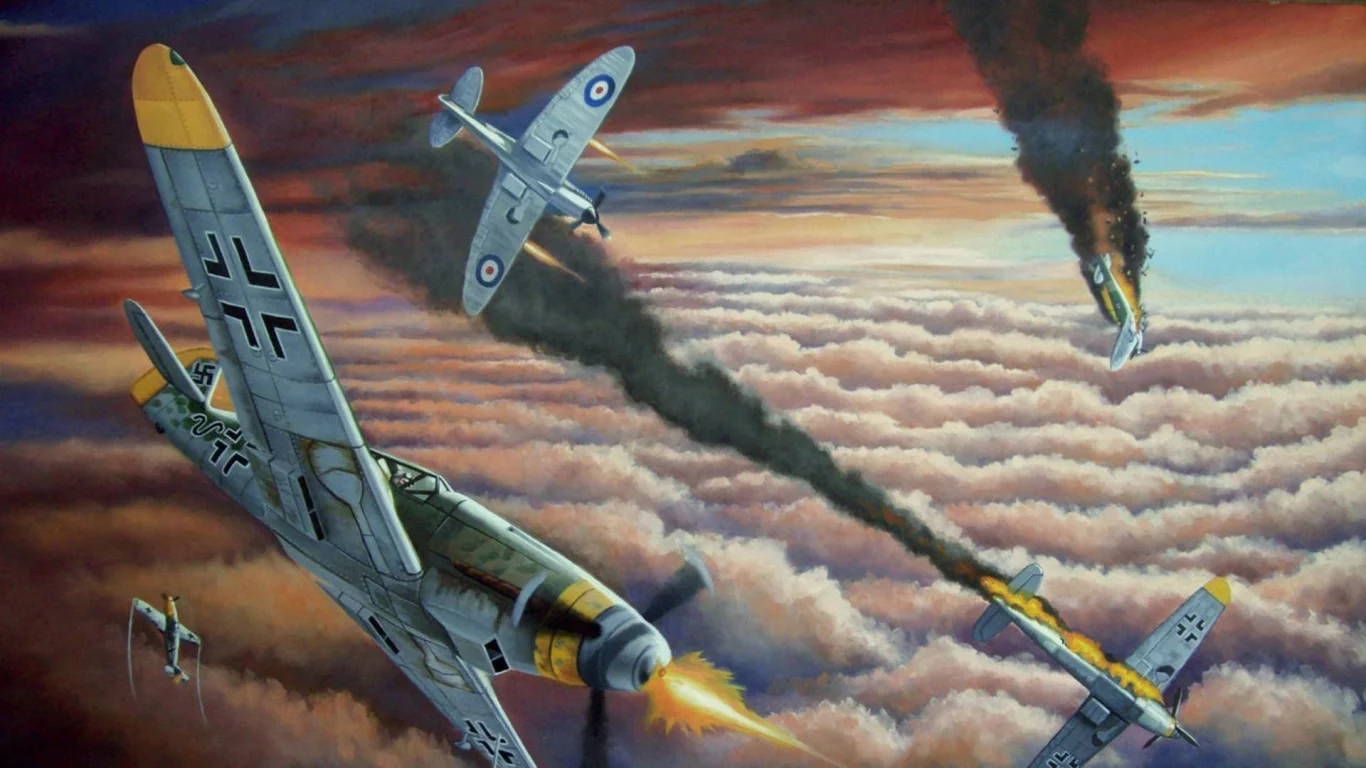 бой, мессер, арт, рисунок, подбит, spitfire, дым, supermarine, bf-109