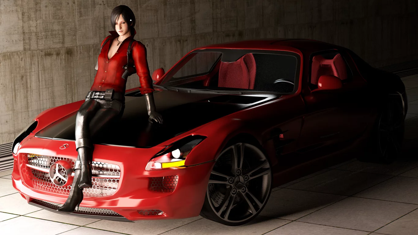 sls amg, девушка, roadster, mercedes benz, resident evil, ada, fan art, машина