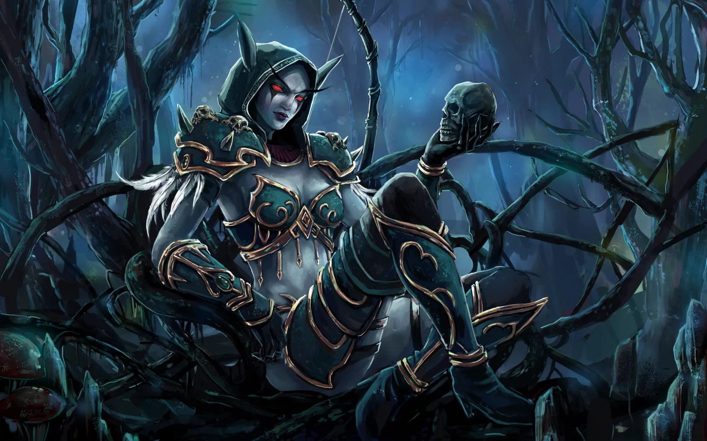 лук, wow, арт, девушка, череп, sylvanas, эльфийка, world of warcraft