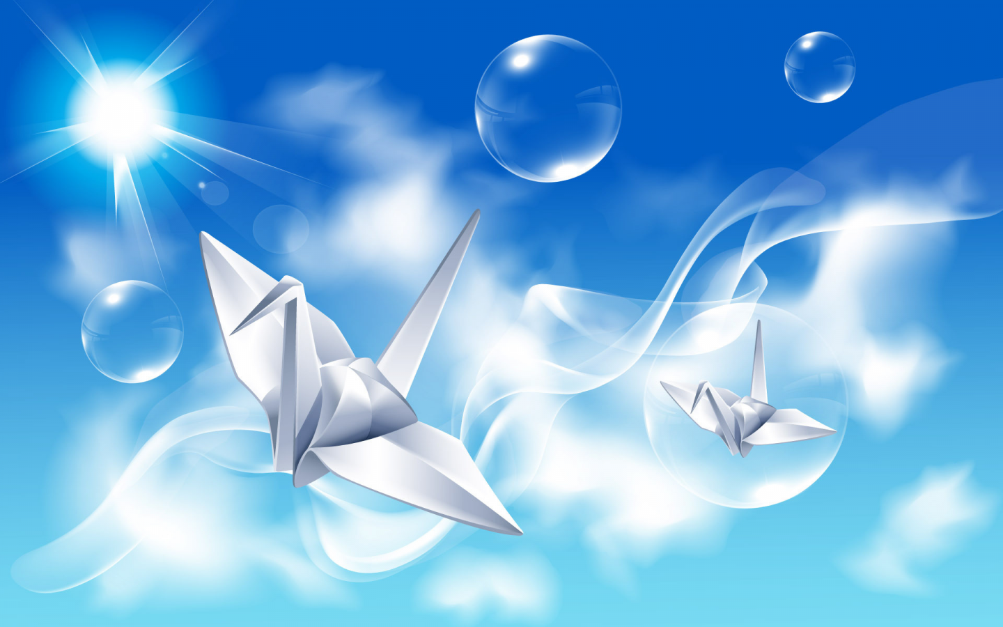 отражение, лучи, небо, пузыри, оригами, птицы, креатив