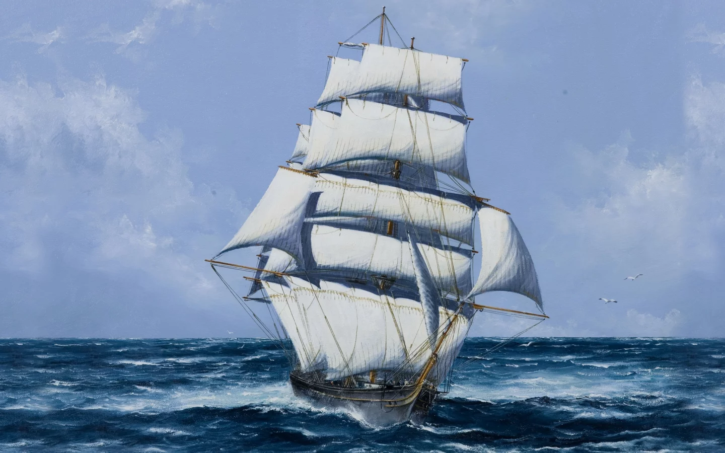 парусник, чайки, корабль, мачты, паруса, рисунок, море