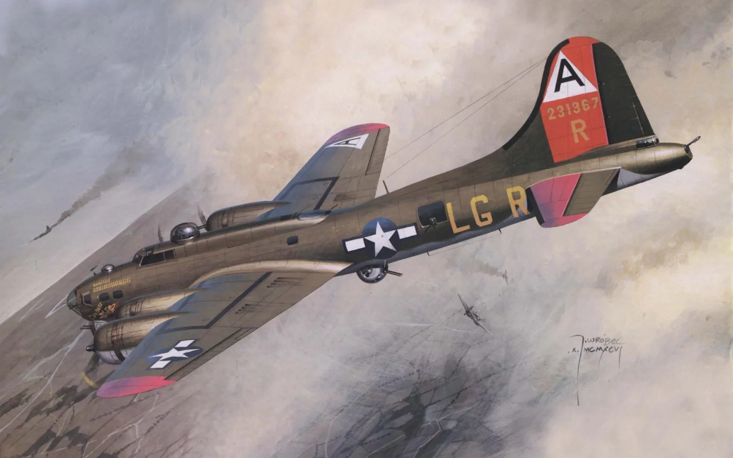 , воздушный бой, небо, boeing b-17 flying fortress, арт, самолёты