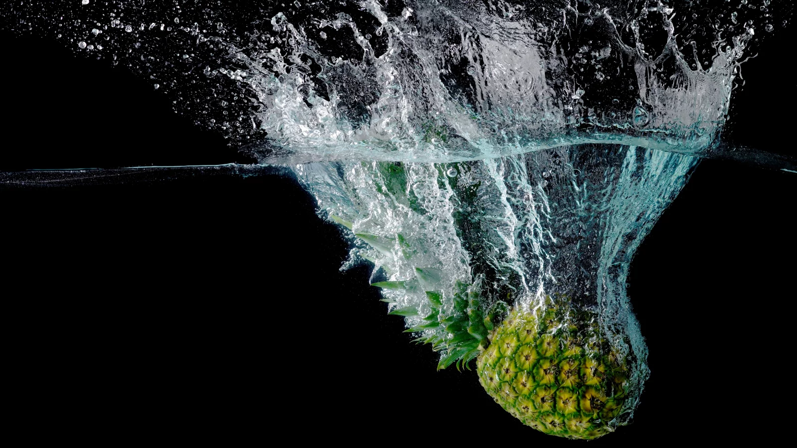 макро, вода, черный фон, брызги, ананас, фрукт